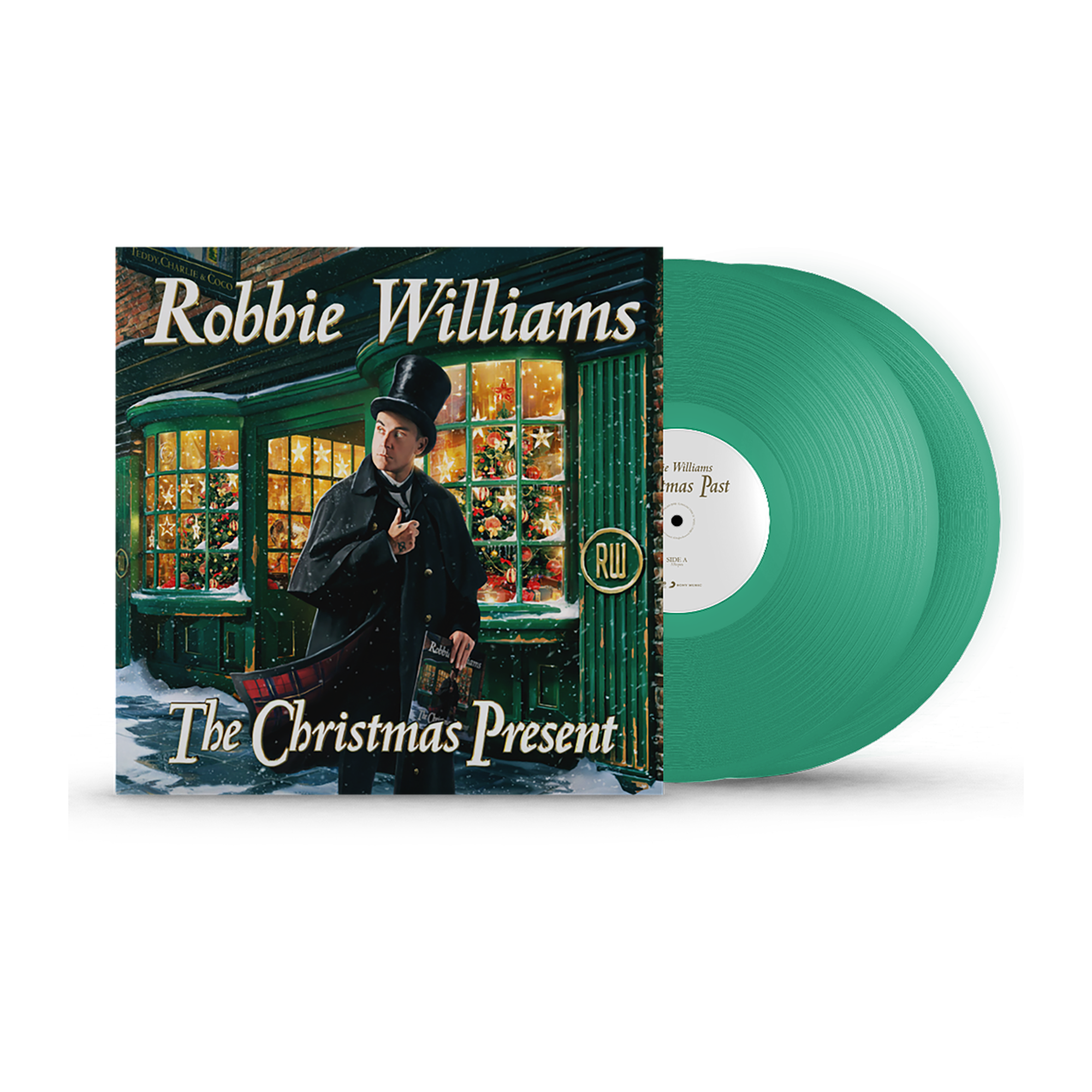Double vinyl record of 'The Christmas Present' by Robbie Williams, featuring a green Christmas themed cover with an illustration of Robbie in a top hat and snow-covered scene.