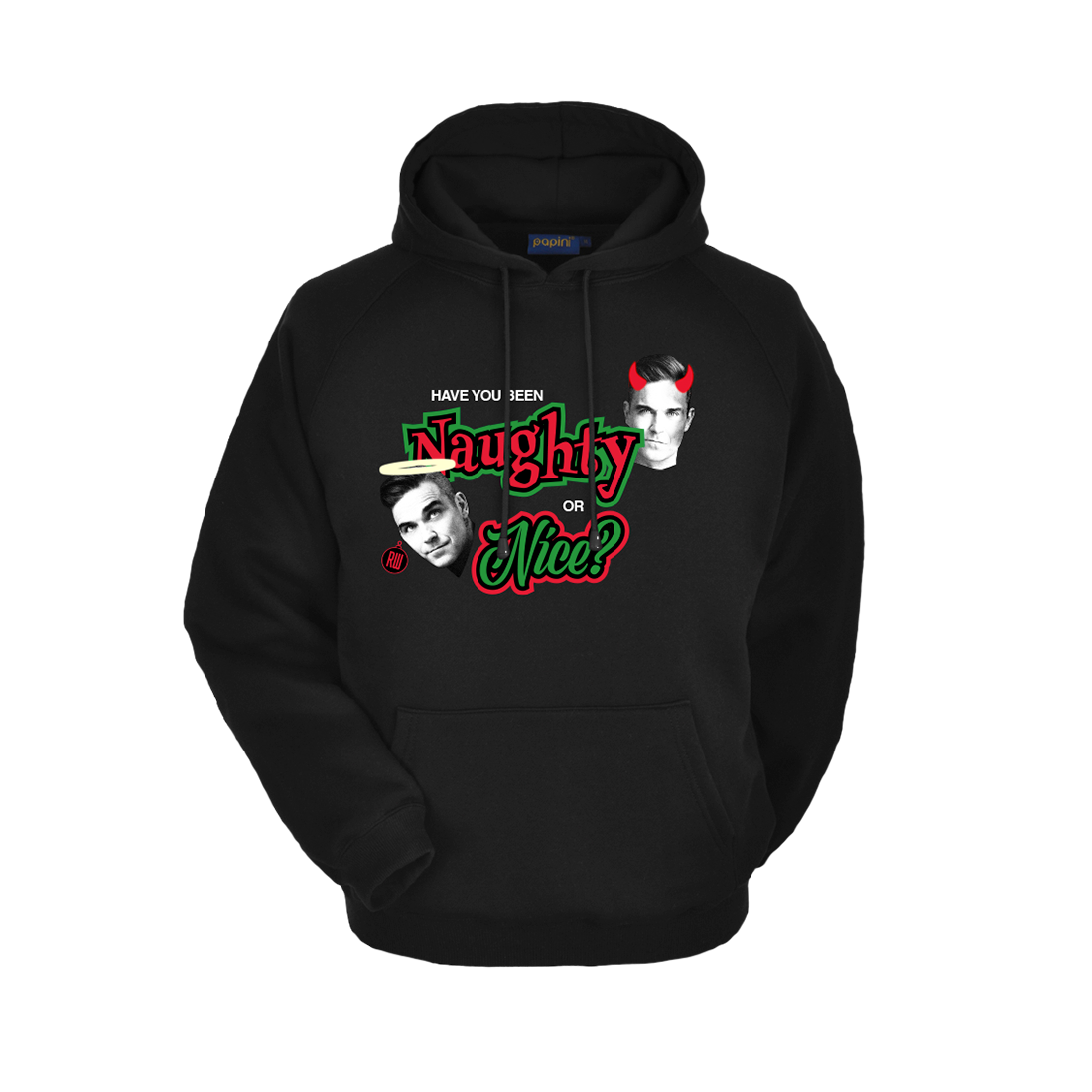 Black hoodie with the phrase “Have you been naughty or nice?” and angel and devil versions of Robbie Williams on either side of the text.
