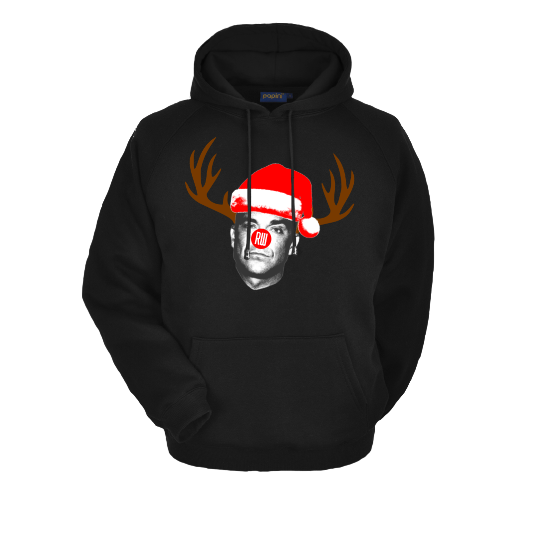 Black hoodie featuring a graphic of Robbie Williams depicted as a reindeer wearing a Santa hat.