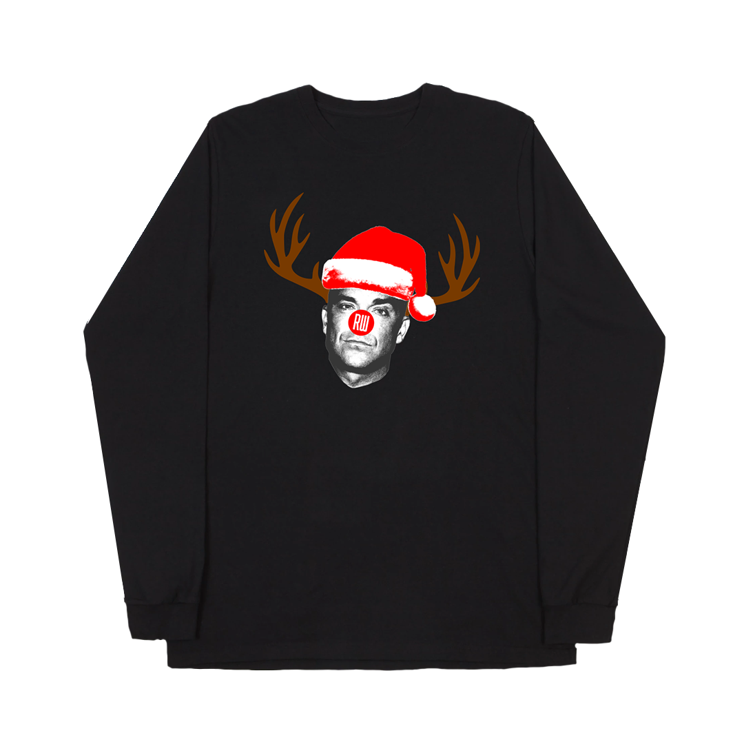 Black long-sleeve T-shirt featuring a graphic of Robbie Williams depicted as a reindeer wearing a Santa hat.