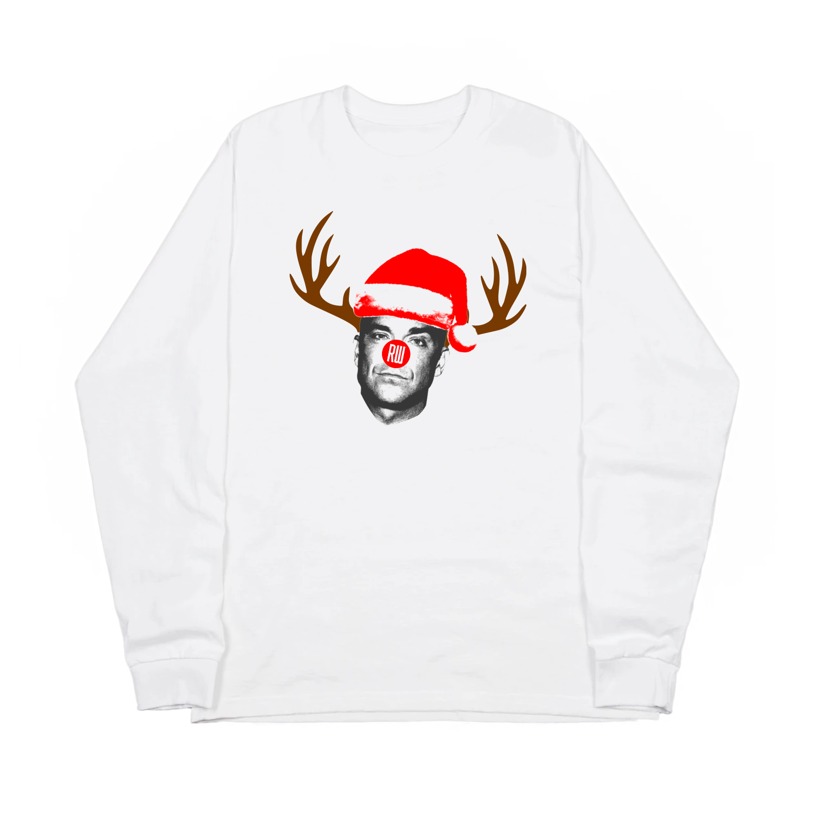 White long-sleeve T-shirt featuring a graphic of Robbie Williams depicted as a reindeer wearing a Santa hat.