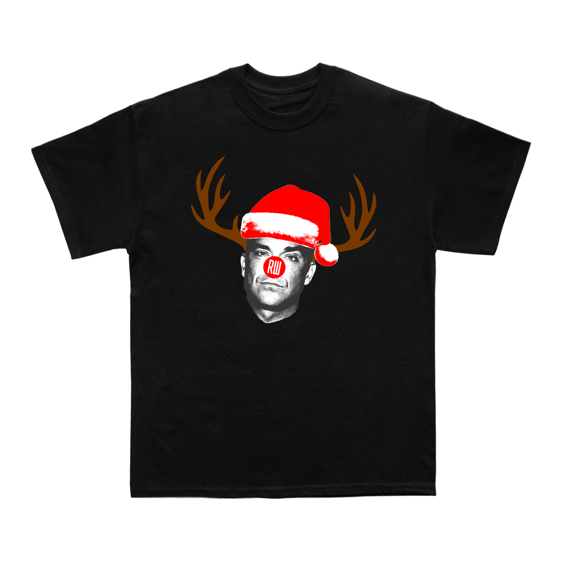 Black short-sleeve T-shirt featuring a graphic of Robbie Williams depicted as a reindeer wearing a Santa hat.
