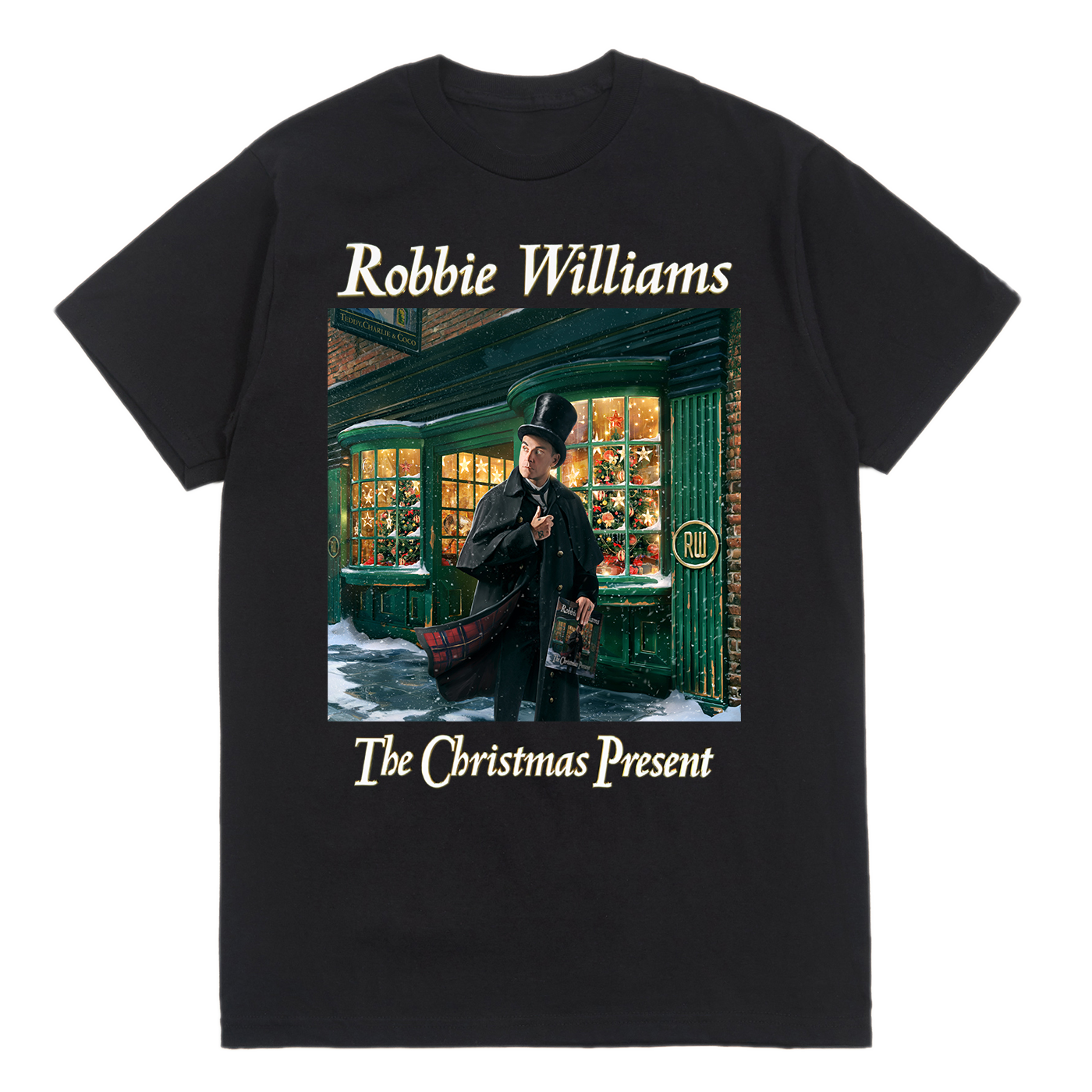 Black T-shirt with “The Christmas Present” artwork printed across the front.